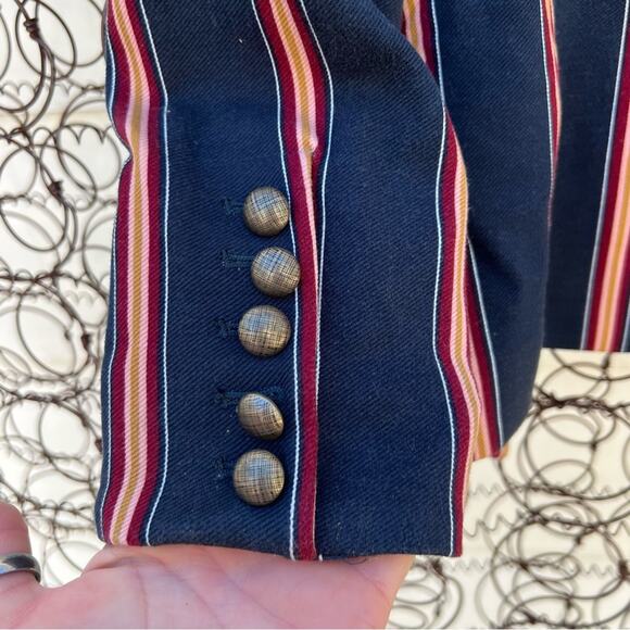 Chicos Striped Twill Ponte navy maroon gold tan stripe blazer Chicos size 0 - Picture 9 of 9